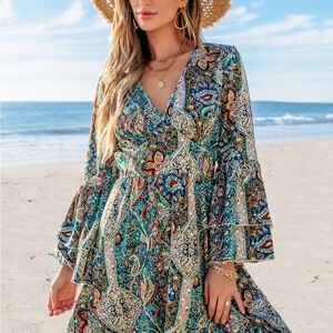 CUPSHE Boho Bell Sleeve Mini Dress NWT